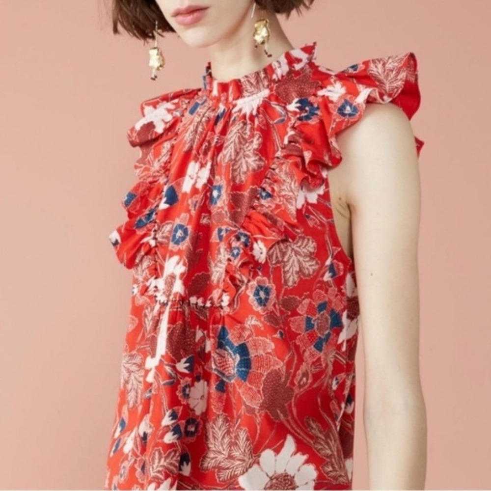 Ulla Johnson Ida Red Floral Ruffle Sleeveless Top High Neck Size 6